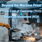 An automated 5-axis CNC machining cell in a modern manufacturing facility, featuring a robotic arm performing part handling for a high-precision machining center, illustrating the integration of automation for improved efficiency and total cost management.