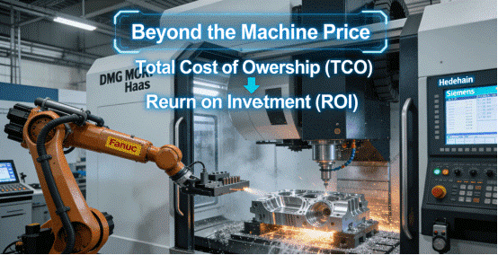 An automated 5-axis CNC machining cell in a modern manufacturing facility, featuring a robotic arm performing part handling for a high-precision machining center, illustrating the integration of automation for improved efficiency and total cost management.