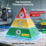 An engineering desk with a complex part drawing. Above it, a three-tier pyramid chart visually organizes features into Critical, Standard, and Non-Critical tiers with associated cost impacts. Data streams connect drawing features to the chart, and a tablet shows supplier SPC data, illustrating a data-driven framework to prevent cost overruns.