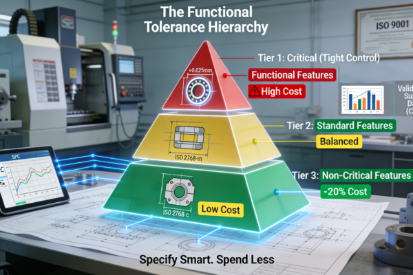 An engineering desk with a complex part drawing. Above it, a three-tier pyramid chart visually organizes features into Critical, Standard, and Non-Critical tiers with associated cost impacts. Data streams connect drawing features to the chart, and a tablet shows supplier SPC data, illustrating a data-driven framework to prevent cost overruns.