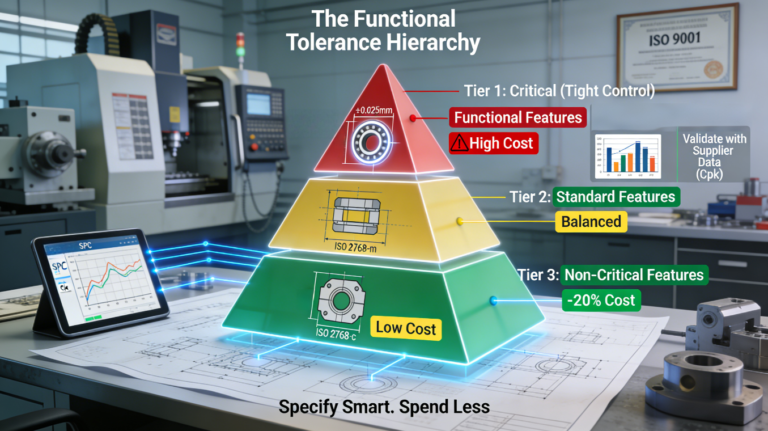 An engineering desk with a complex part drawing. Above it, a three-tier pyramid chart visually organizes features into Critical, Standard, and Non-Critical tiers with associated cost impacts. Data streams connect drawing features to the chart, and a tablet shows supplier SPC data, illustrating a data-driven framework to prevent cost overruns.